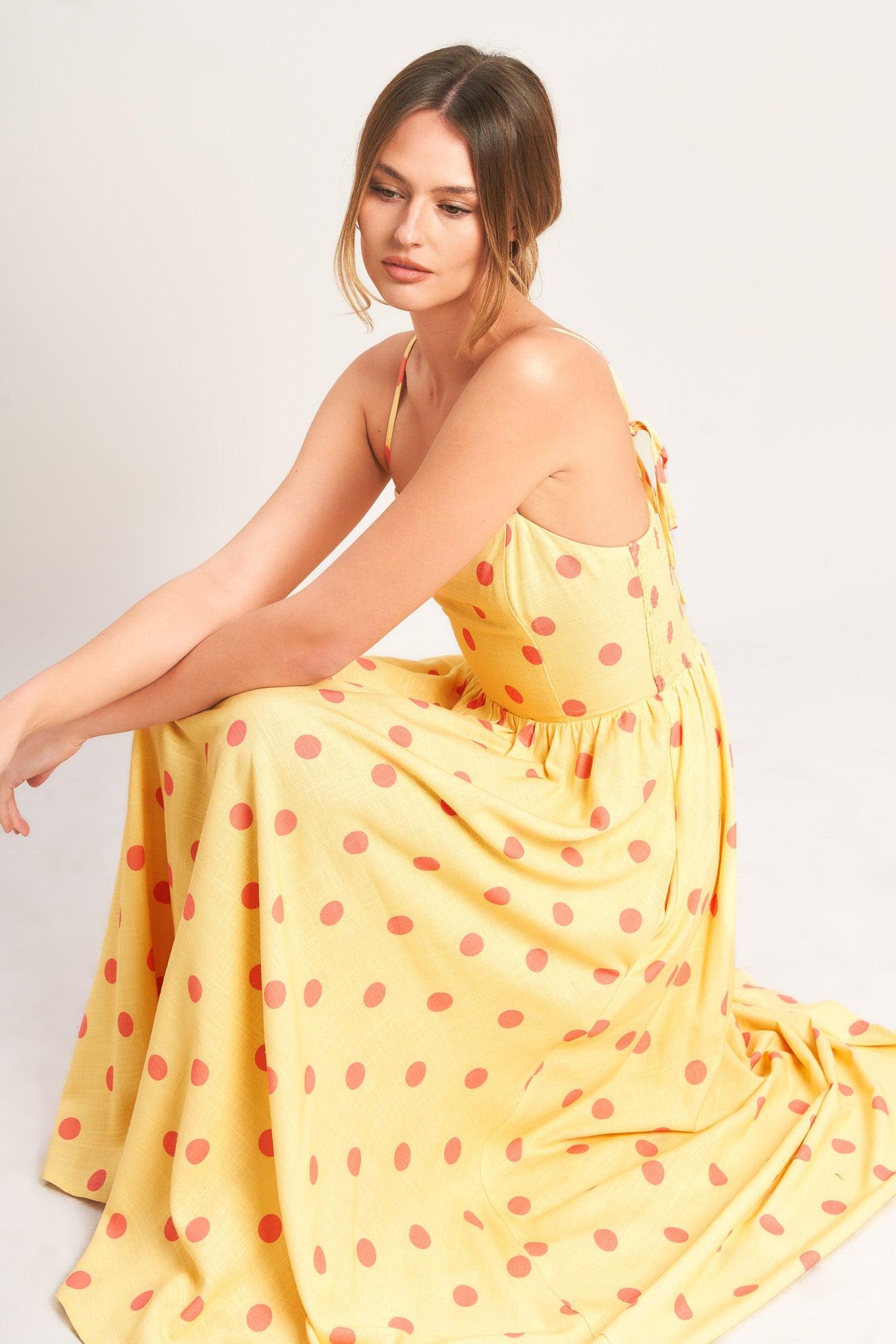 GOLDEN SUMMER POLKA WOVEN MIDI DRESS  DAME BOHEME