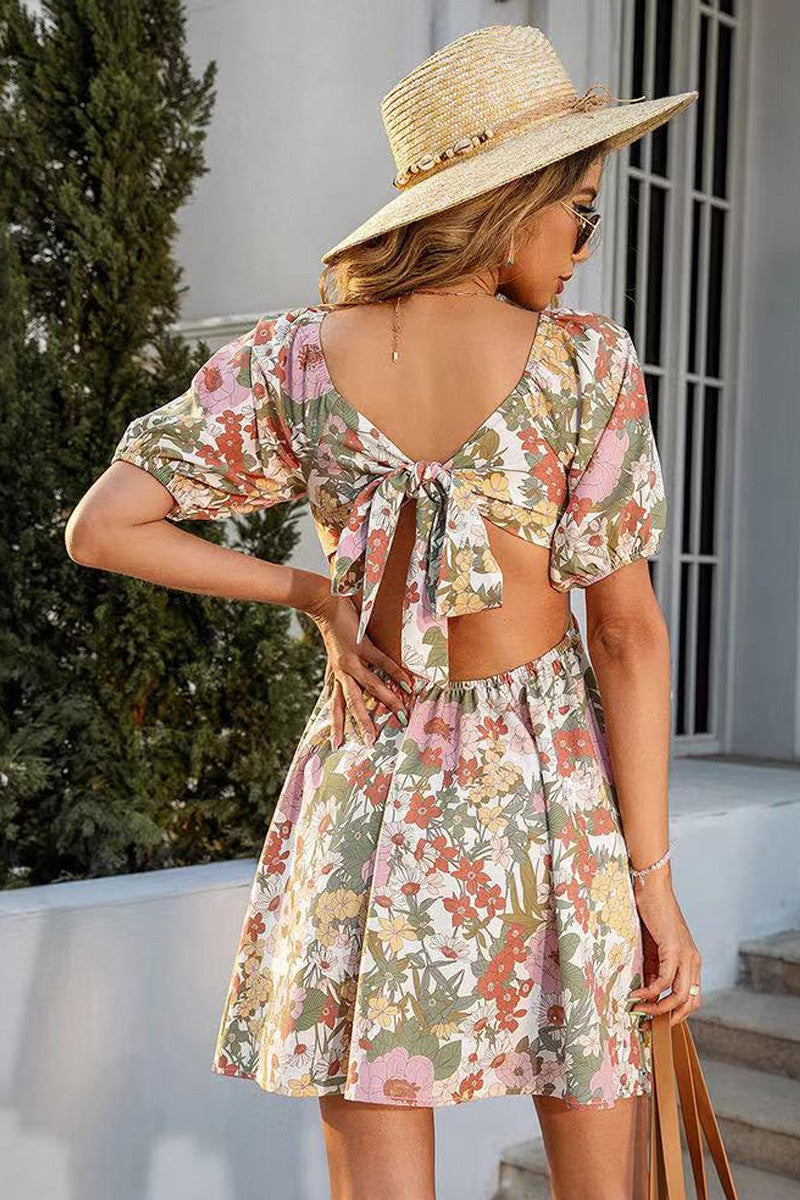 Floral Smocked Mini Dress with Front Tie  DAME BOHEME