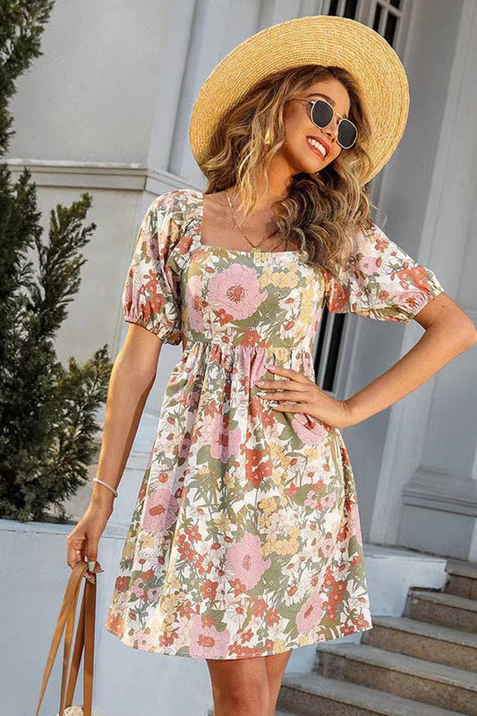 Floral Smocked Mini Dress with Front Tie  DAME BOHEME