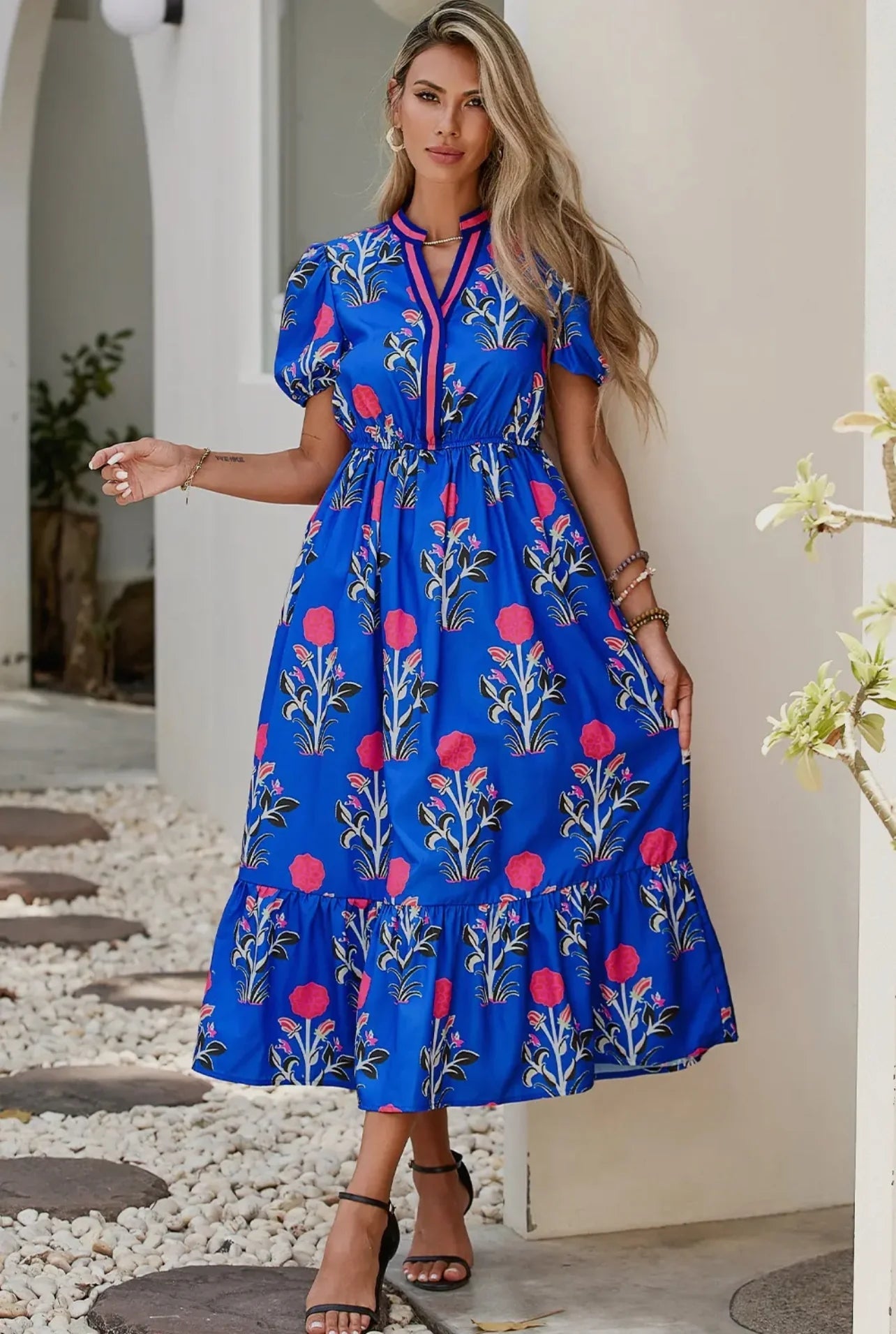 Floral Puff Short Sleeve High Waist Midi Dress Trendsi