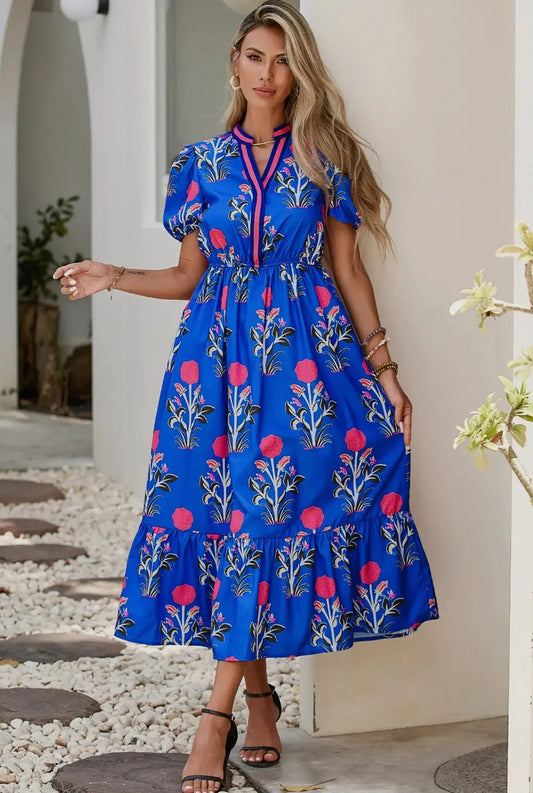 Floral Puff Short Sleeve High Waist Midi Dress Trendsi