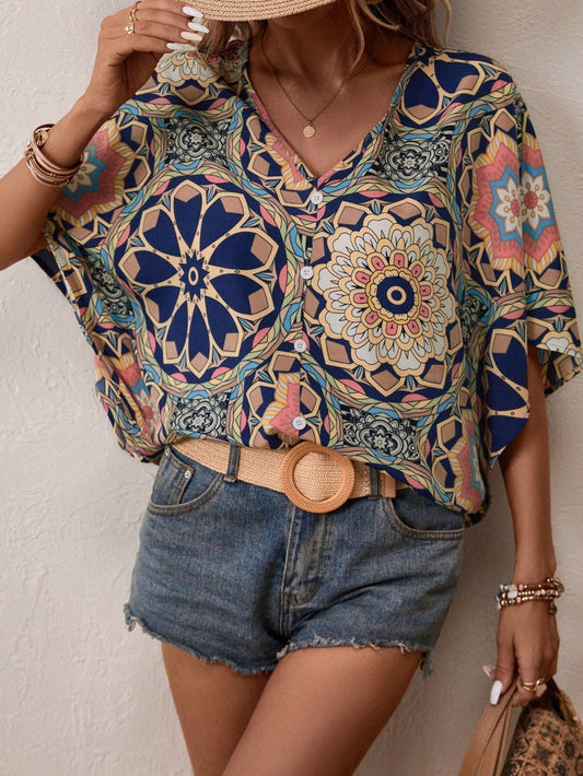 Boho Print V-Neck Short Sleeve Top – Summer Casual  DAME BOHEME