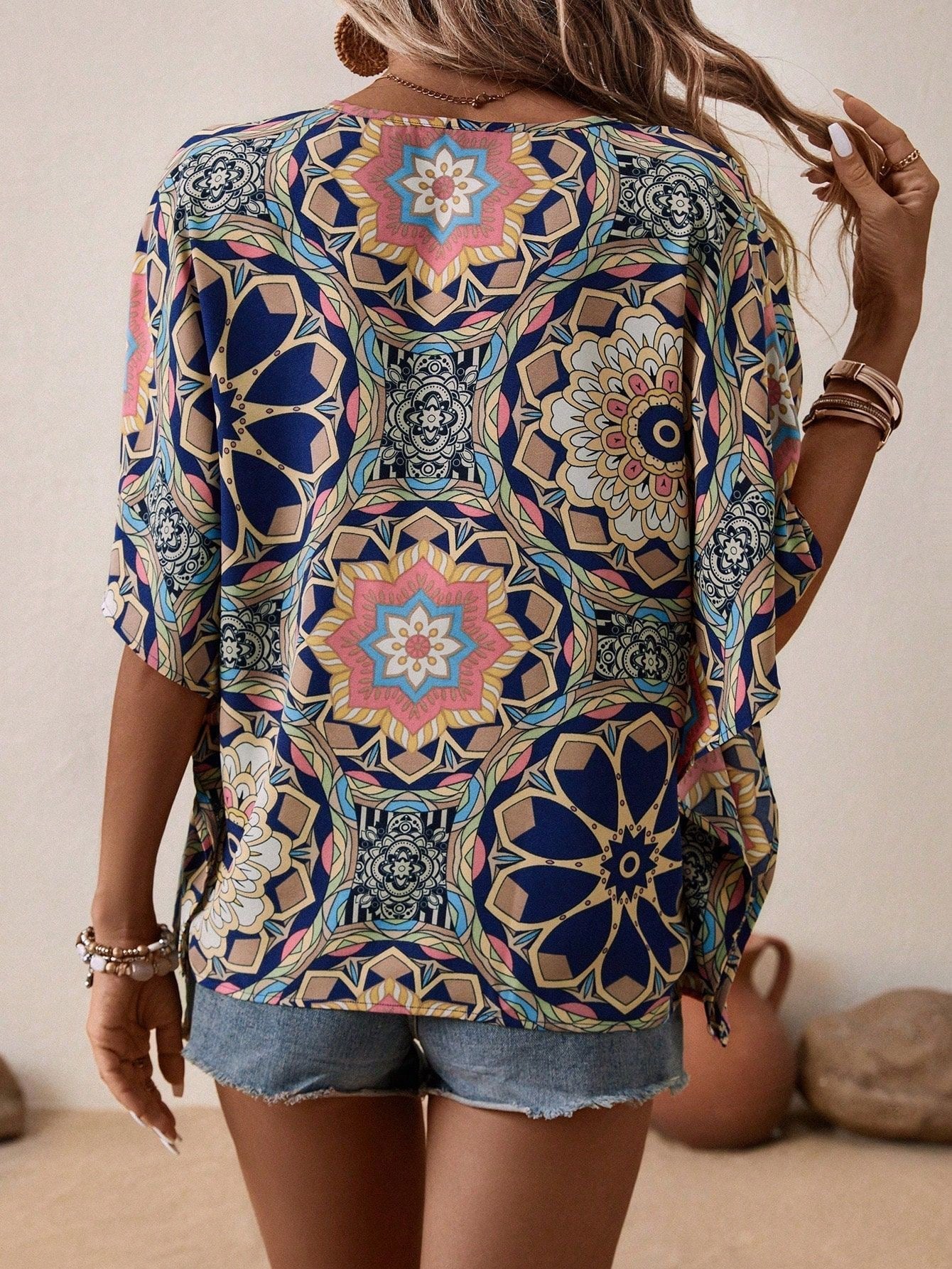 Boho Print V-Neck Short Sleeve Top – Summer Casual  DAME BOHEME