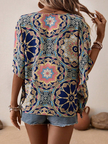 Boho Print V-Neck Short Sleeve Top – Summer Casual  DAME BOHEME