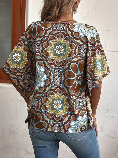 Boho Print V-Neck Short Sleeve Top – Summer Casual  DAME BOHEME