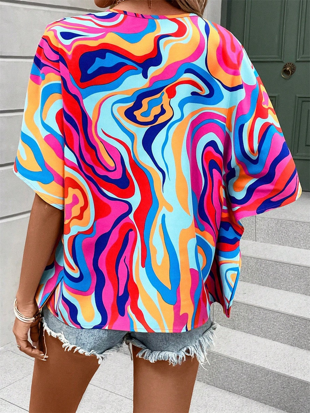 Boho Print V-Neck Short Sleeve Top – Summer Casual  DAME BOHEME