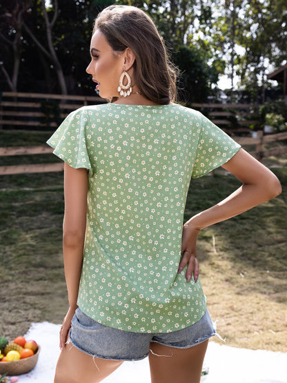 Ivy Lane Ruffled Floral Tie Neck Short Sleeve Blouse Trendsi