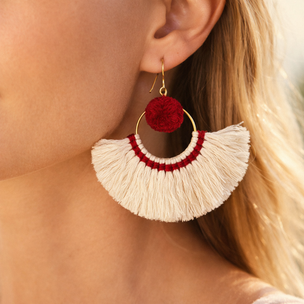 Half Moon Tassel Earrings Boho Cotton Fringe Earrings Fair Trade - Thailand  DAME BOHEME