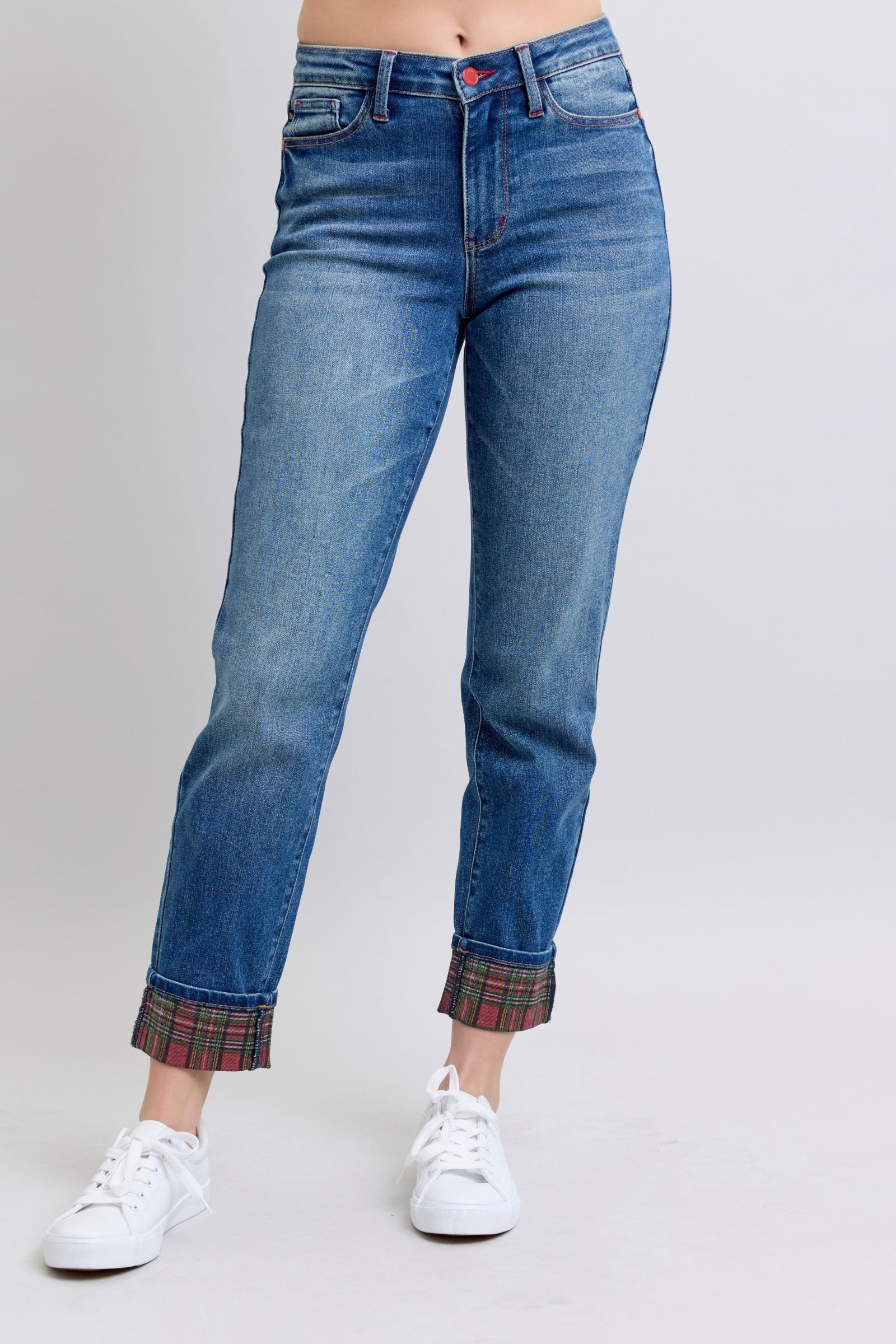 Judy Blue Red Plaid Cuff Straight Leg Blue Jeans