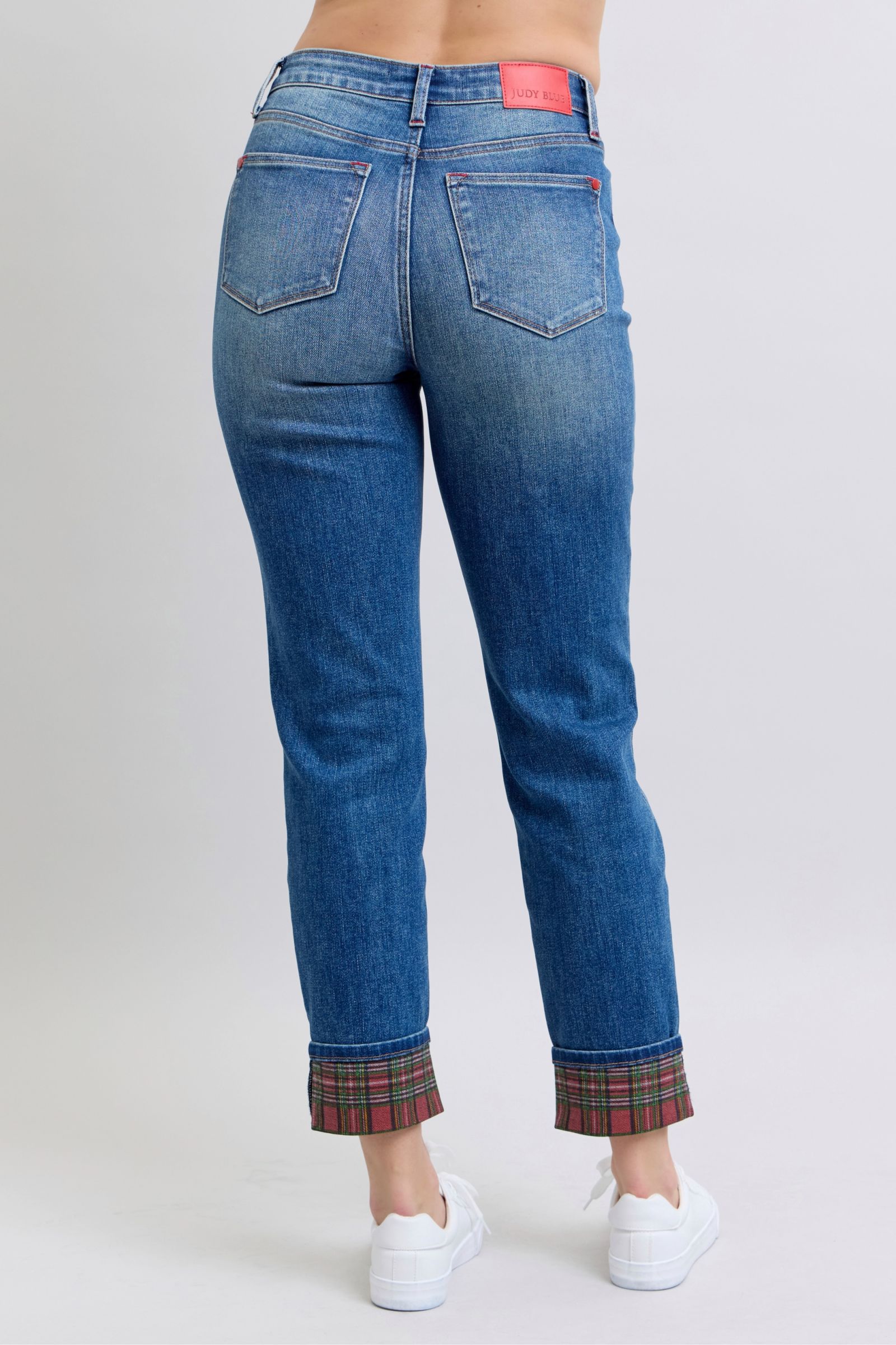 Judy Blue Red Plaid Cuff Straight Leg Blue Jeans