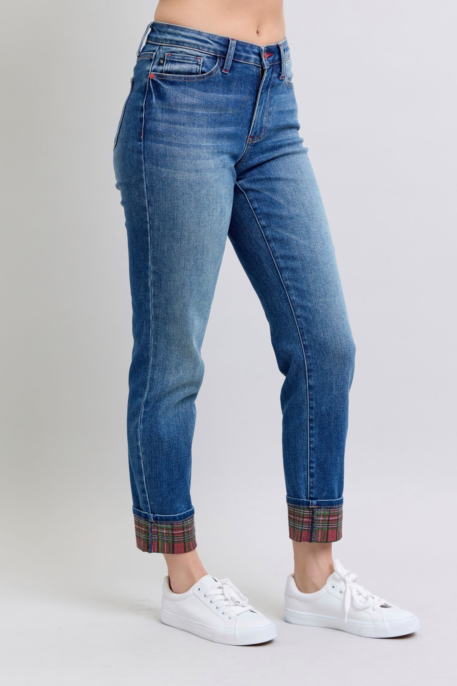 Judy Blue Red Plaid Cuff Straight Leg Blue Jeans