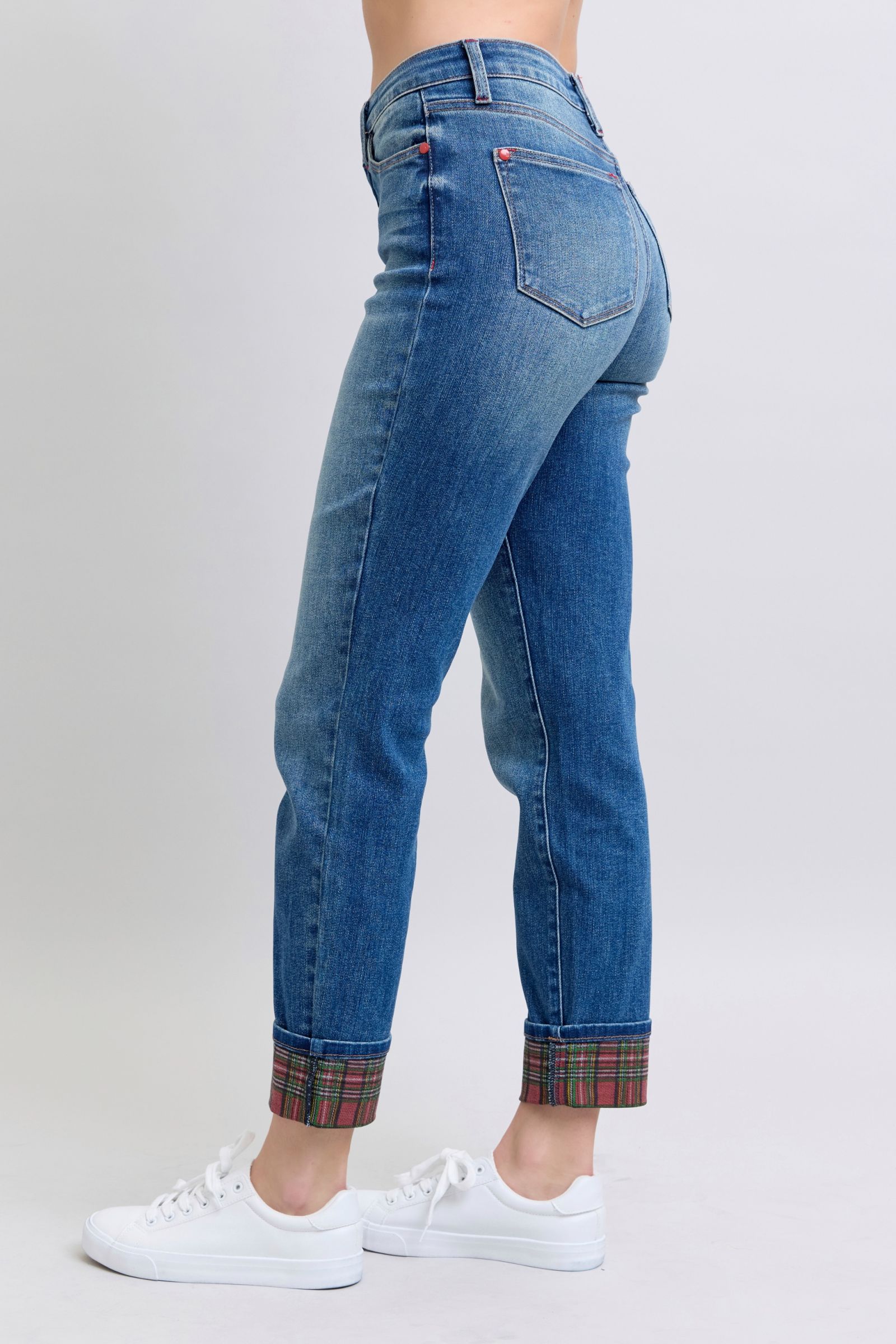 Judy Blue Red Plaid Cuff Straight Leg Blue Jeans