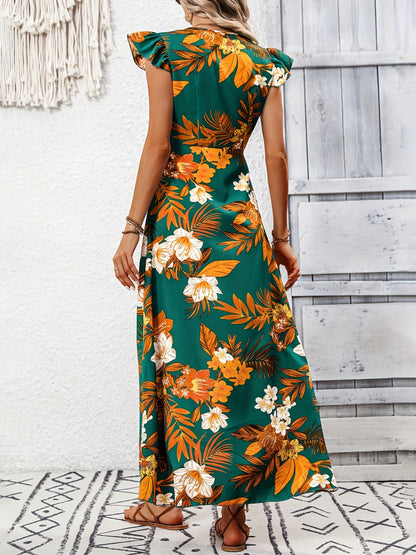 High-Low Floral Printed Cap Sleeve Maxi Dress Trendsi