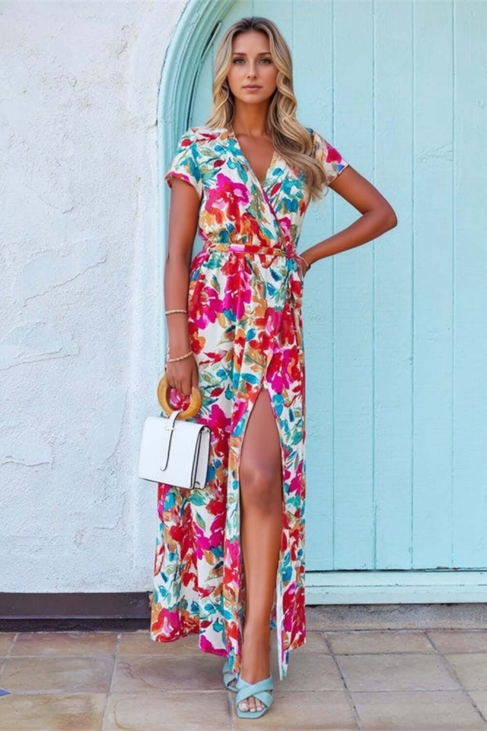 Printed Surplice Short Sleeve Tie Waist Maxi Dress Trendsi