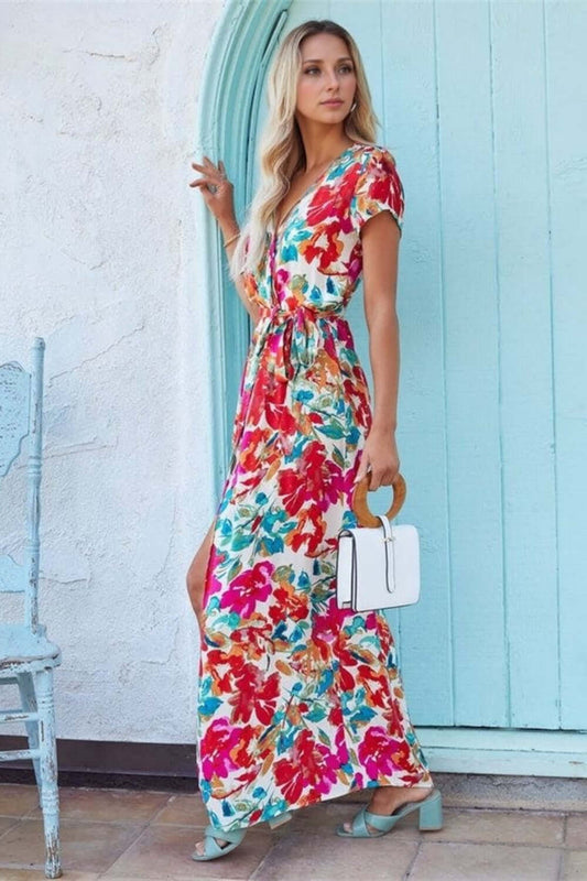 Printed Surplice Short Sleeve Tie Waist Maxi Dress Trendsi