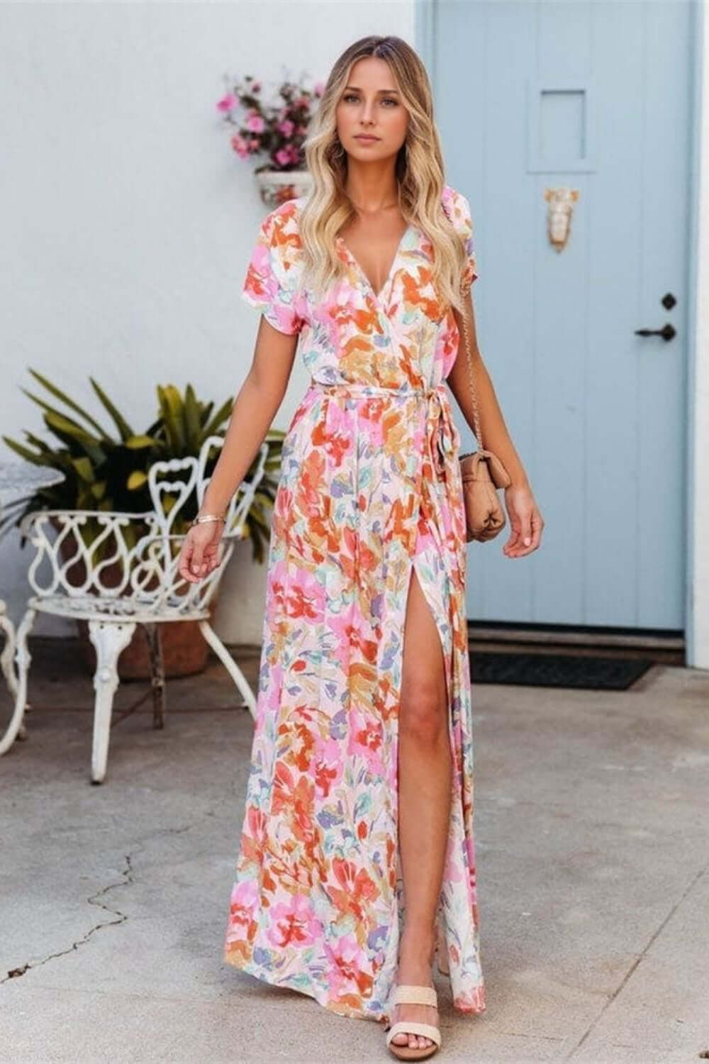 Printed Surplice Short Sleeve Tie Waist Maxi Dress Trendsi