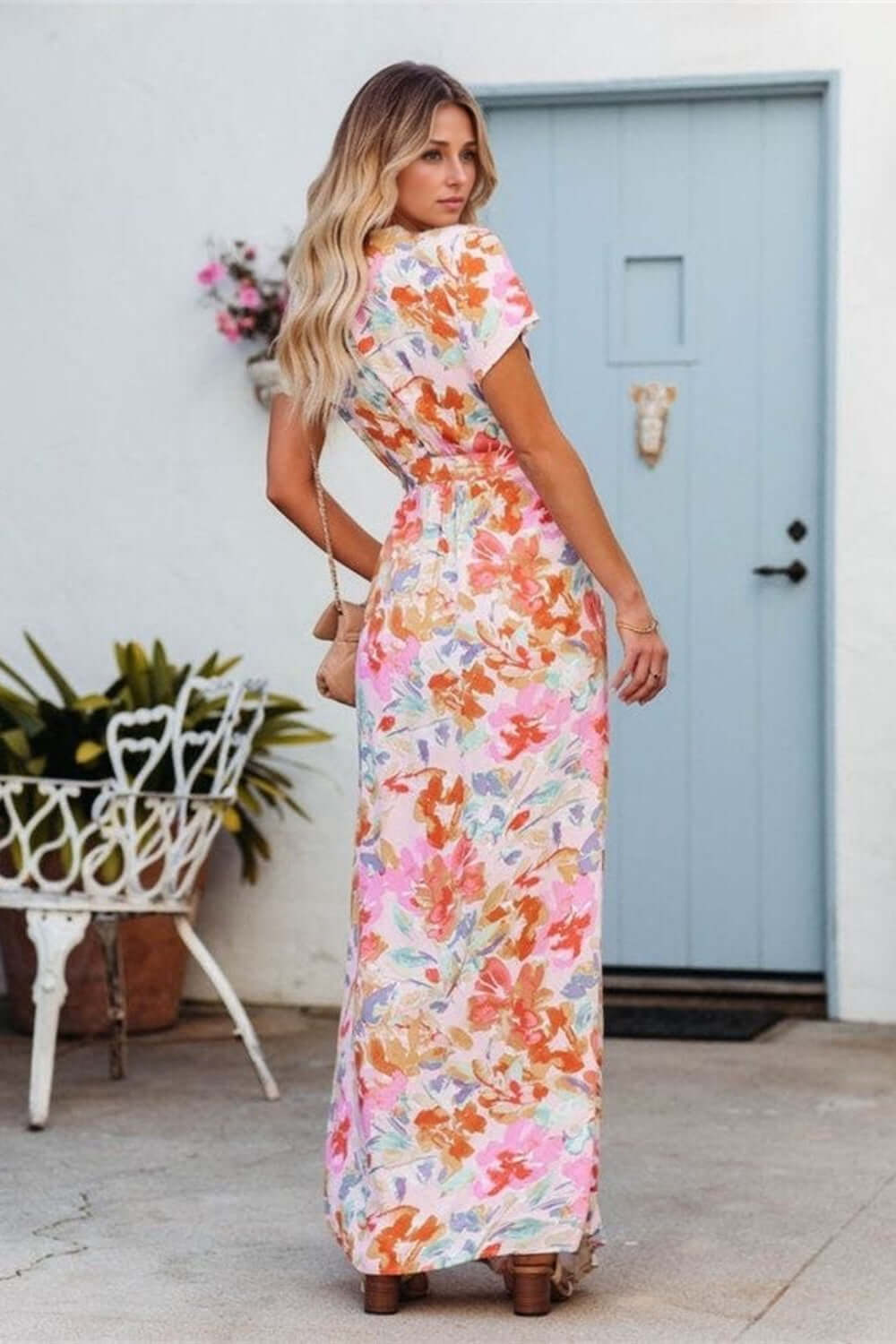 Printed Surplice Short Sleeve Tie Waist Maxi Dress Trendsi