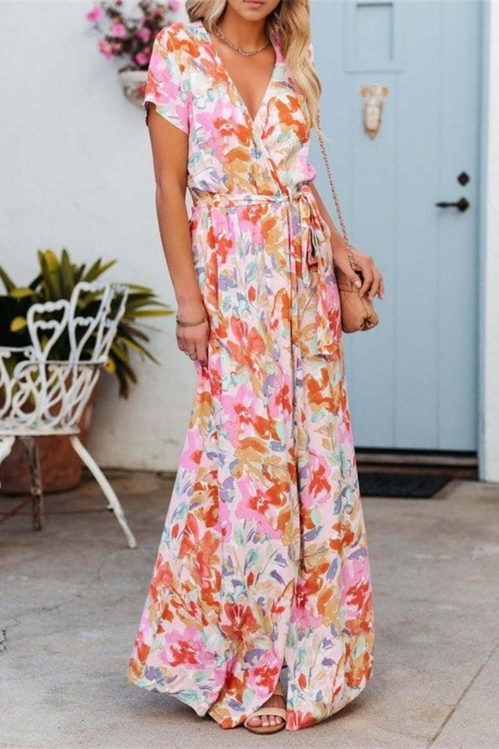 Printed Surplice Short Sleeve Tie Waist Maxi Dress Trendsi