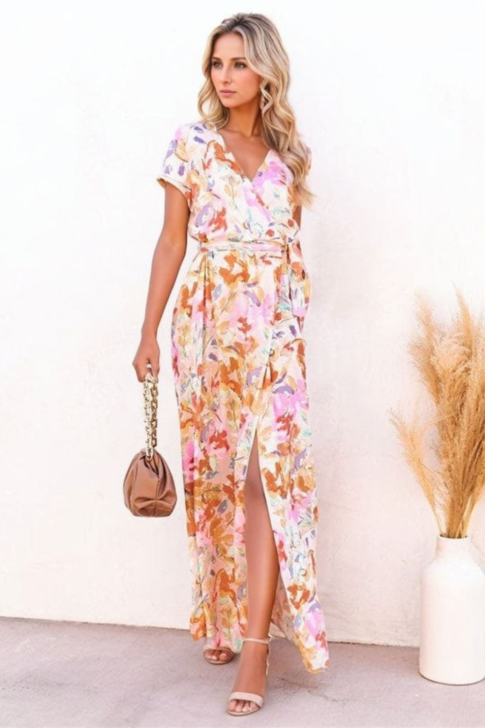 Printed Surplice Short Sleeve Tie Waist Maxi Dress Trendsi