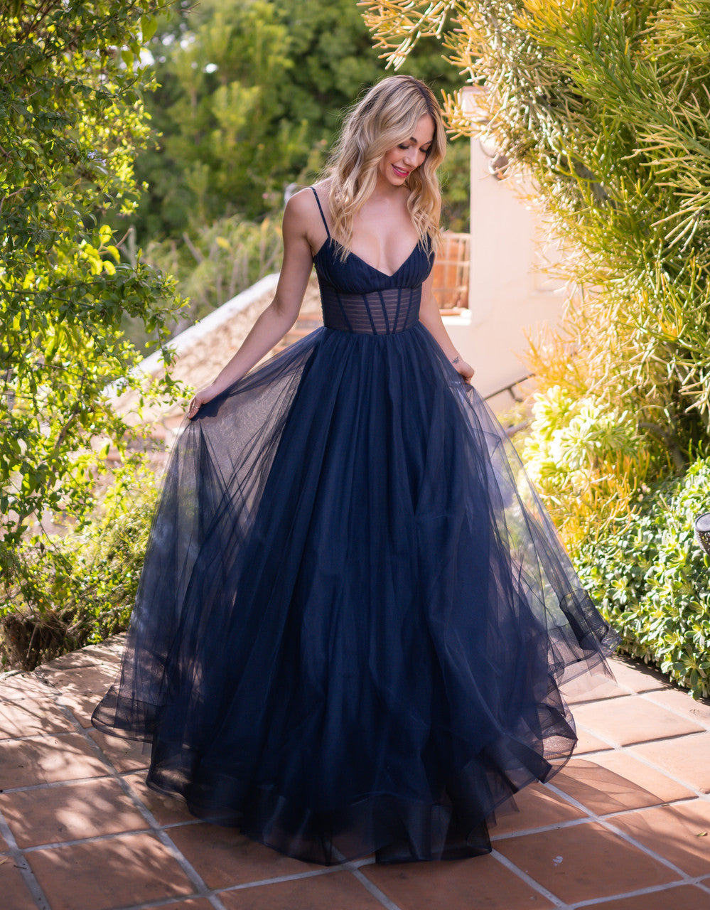 Yasmin Gown - Navy - Tulle A-line Dress With Pleated Bodice  DAME BOHEME
