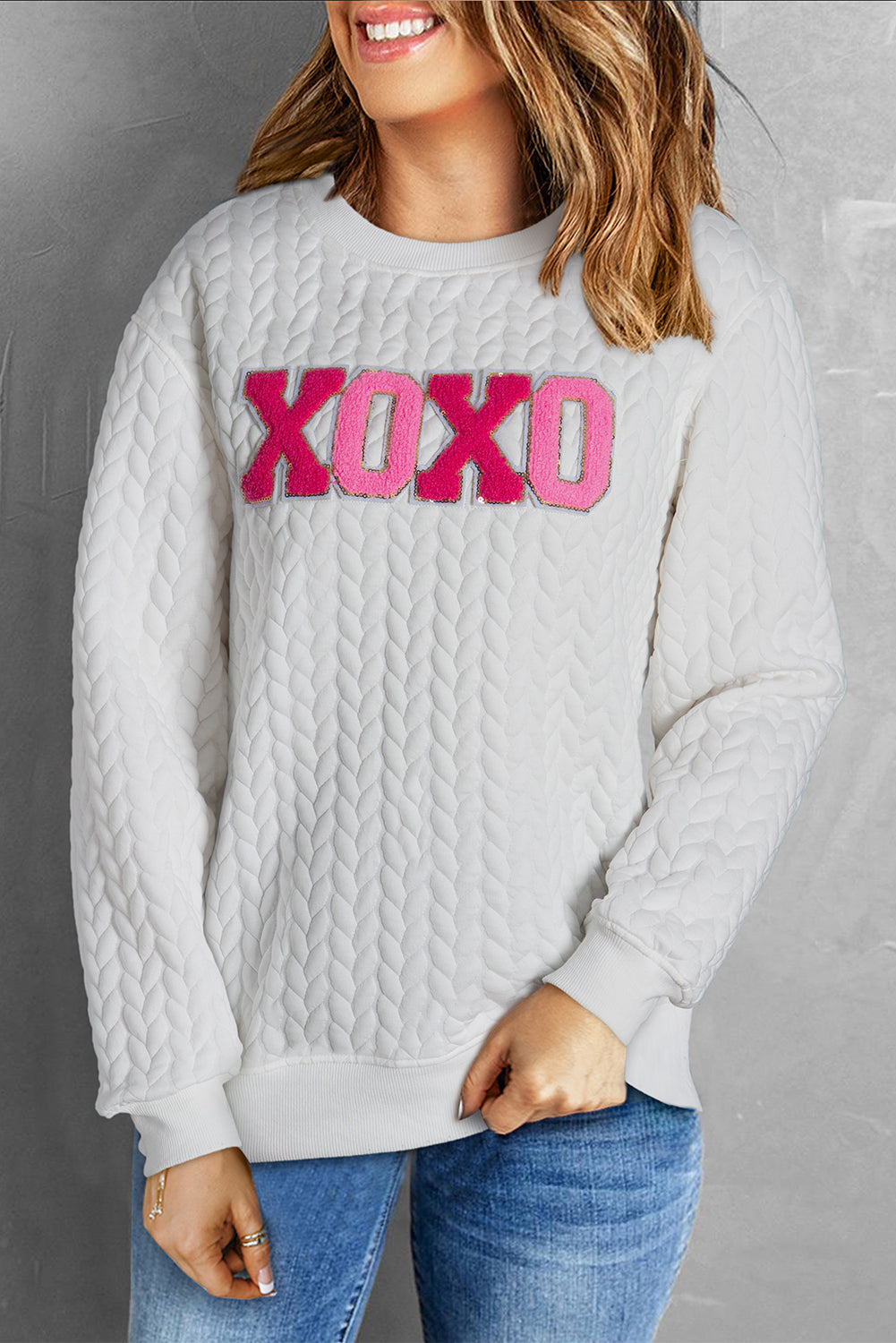 Logan XOXO Glitter Chenille Cable Knit Pullover Sweatshirt  DAME BOHEME