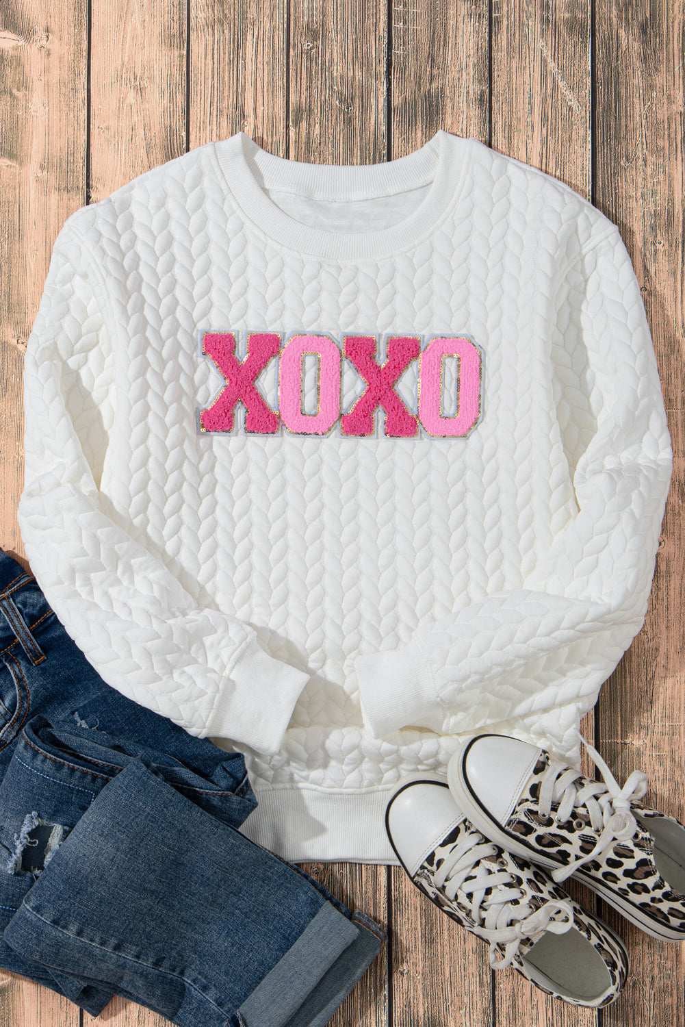 Logan XOXO Glitter Chenille Cable Knit Pullover Sweatshirt  DAME BOHEME
