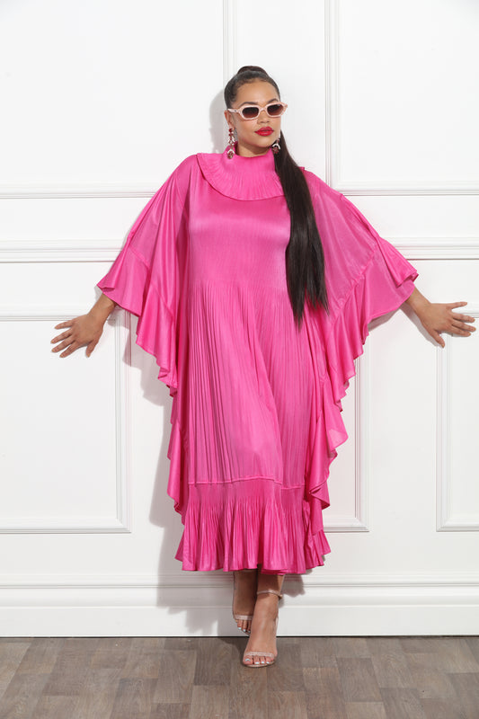 Roll Collar Caftan Dress with Ruffled Hemline and Micro Pleat Detailing