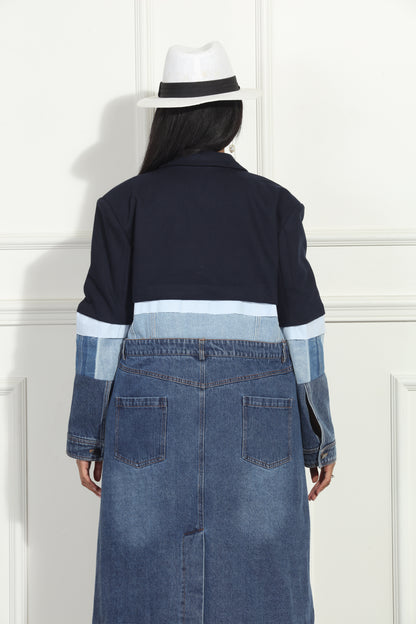 Mixed Tone Panels Front Buttons Denim Coat