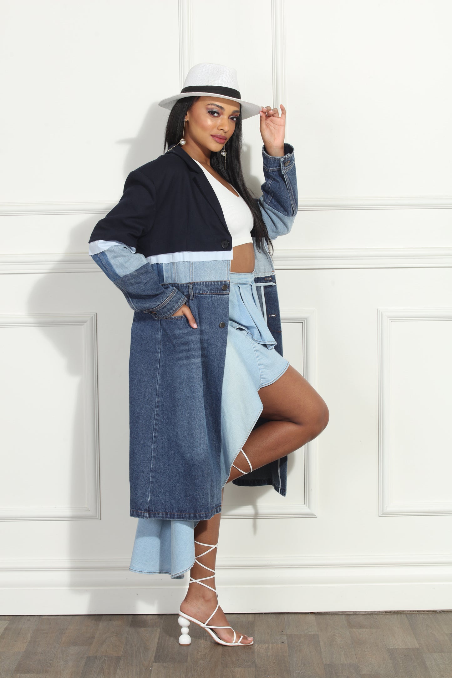 Mixed Tone Panels Front Buttons Denim Coat