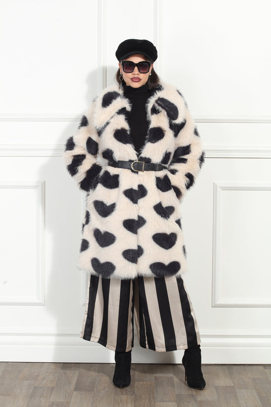 Black Hearts Motif Beige Faux Fur Coat