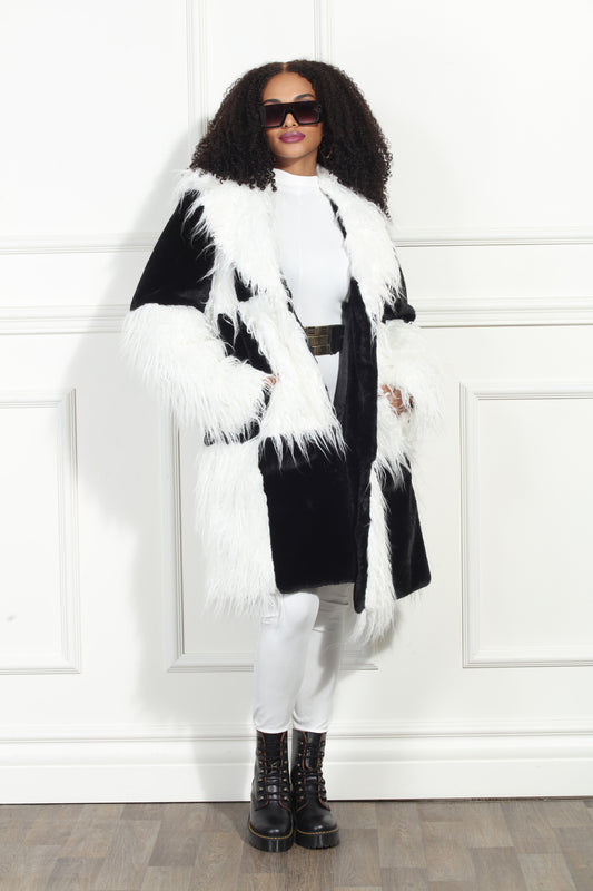 Black and White Checkerboard Faux Fur Long Coat