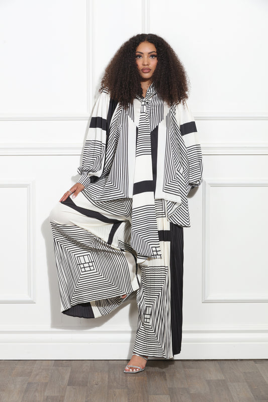 Oversized Bow-tied Black and White Geometric Optical Illusion Print Top and Pant Set