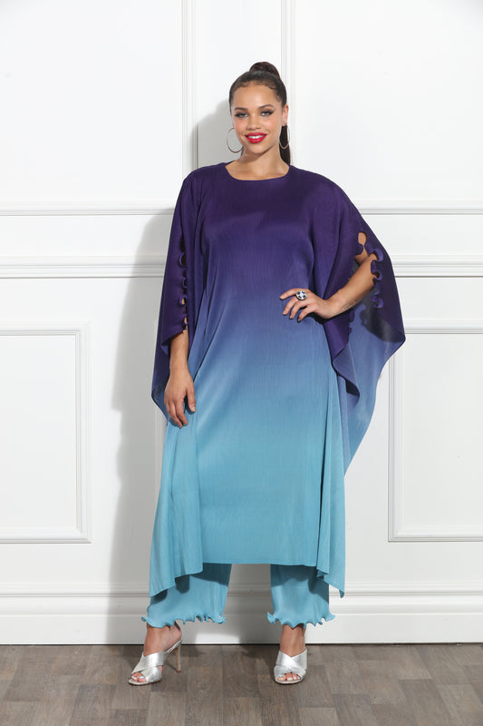 Gradient Layered Blue Purple Ombre Kaftan Dress and Pant Set in Crinkled Fabric