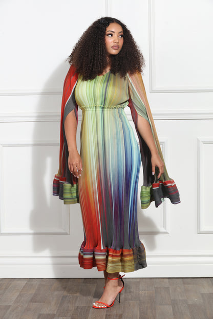 Rainbow Ombre Multicolor Maxi Dress and Cape Sleeve Cover in Crinkled Fabric