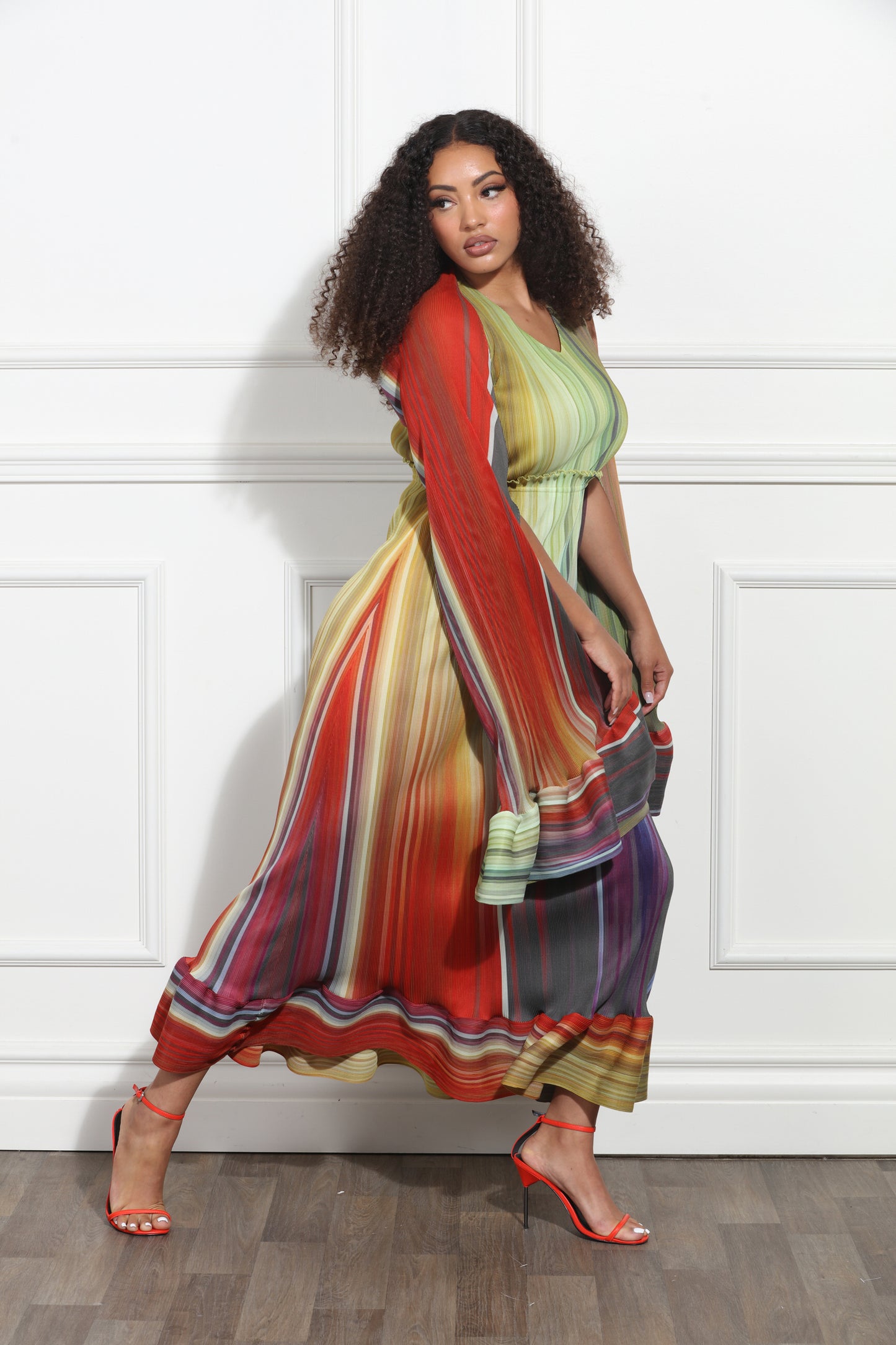 Rainbow Ombre Multicolor Maxi Dress and Cape Sleeve Cover in Crinkled Fabric