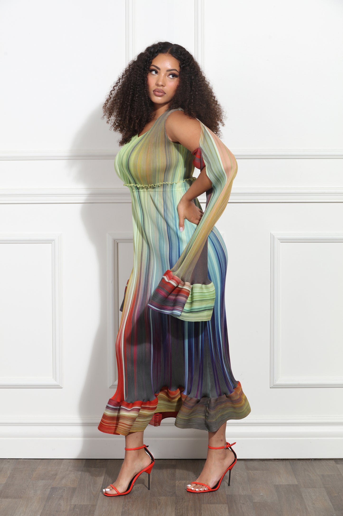 Rainbow Ombre Multicolor Maxi Dress and Cape Sleeve Cover in Crinkled Fabric