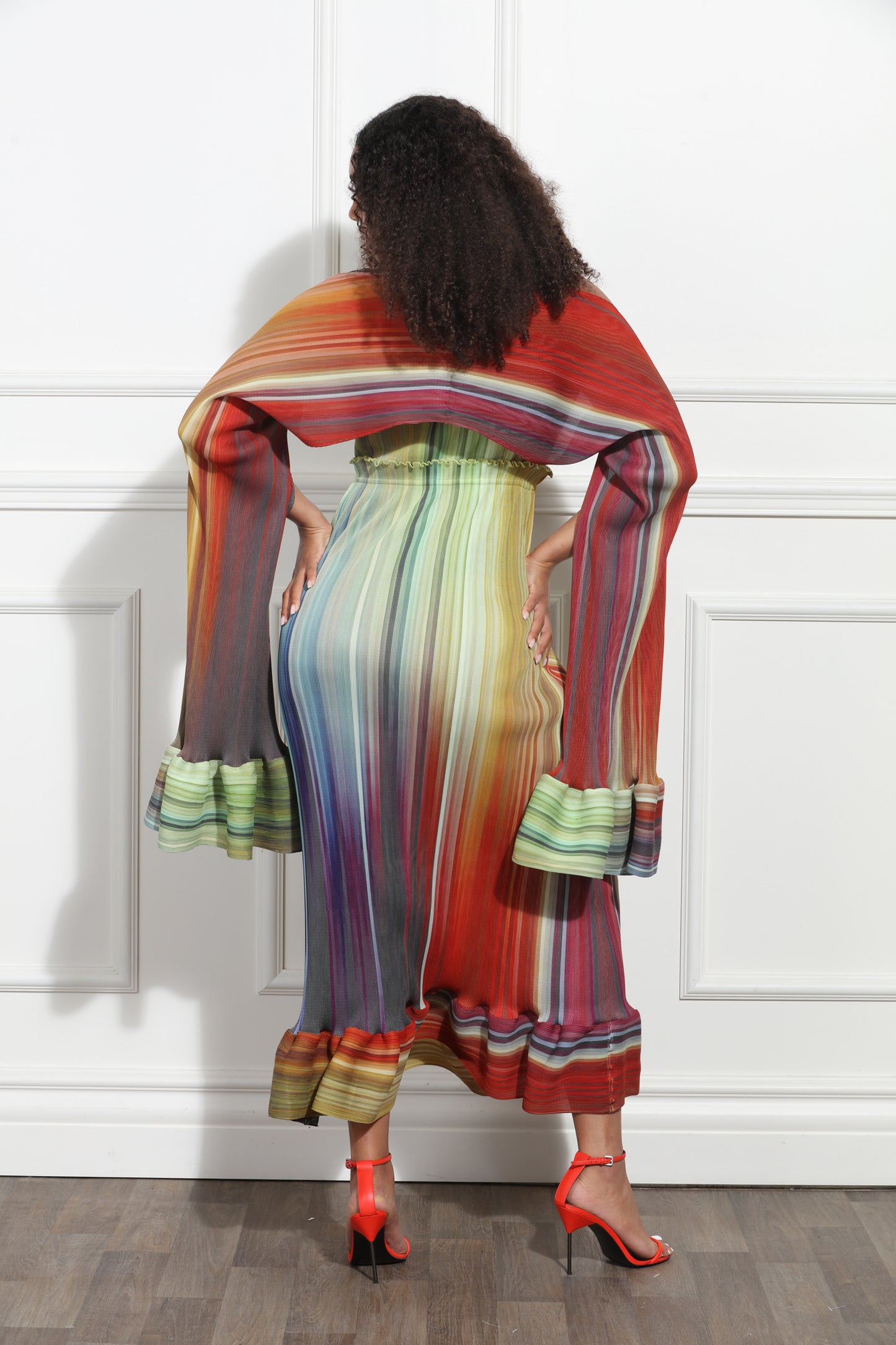 Rainbow Ombre Multicolor Maxi Dress and Cape Sleeve Cover in Crinkled Fabric