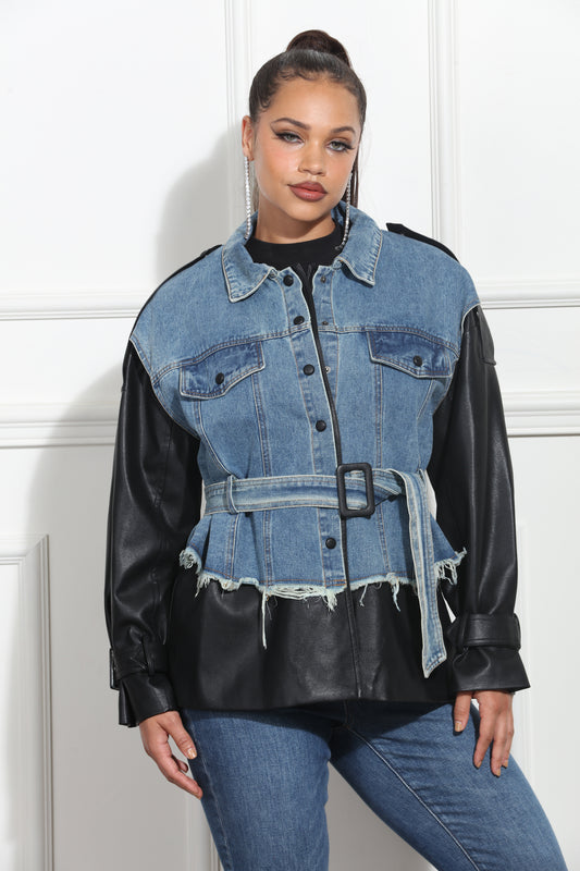 Belted Blue Denim Jacket with Black Leather Frayed Inserts - Jacket Only