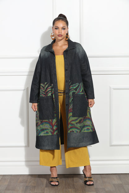 Tropical Leaf Print Oversized Denim Coat with Large Pockets