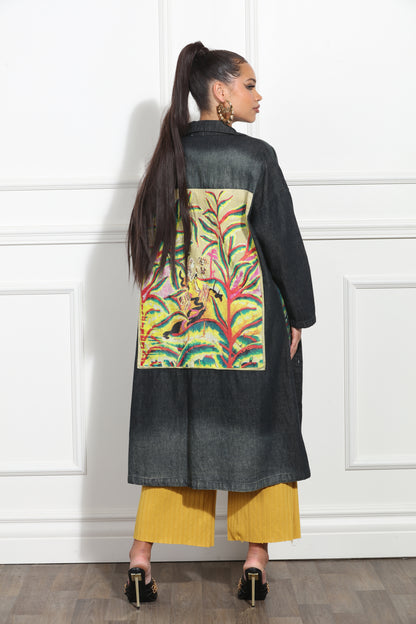 Tropical Leaf Print Oversized Denim Coat with Large Pockets