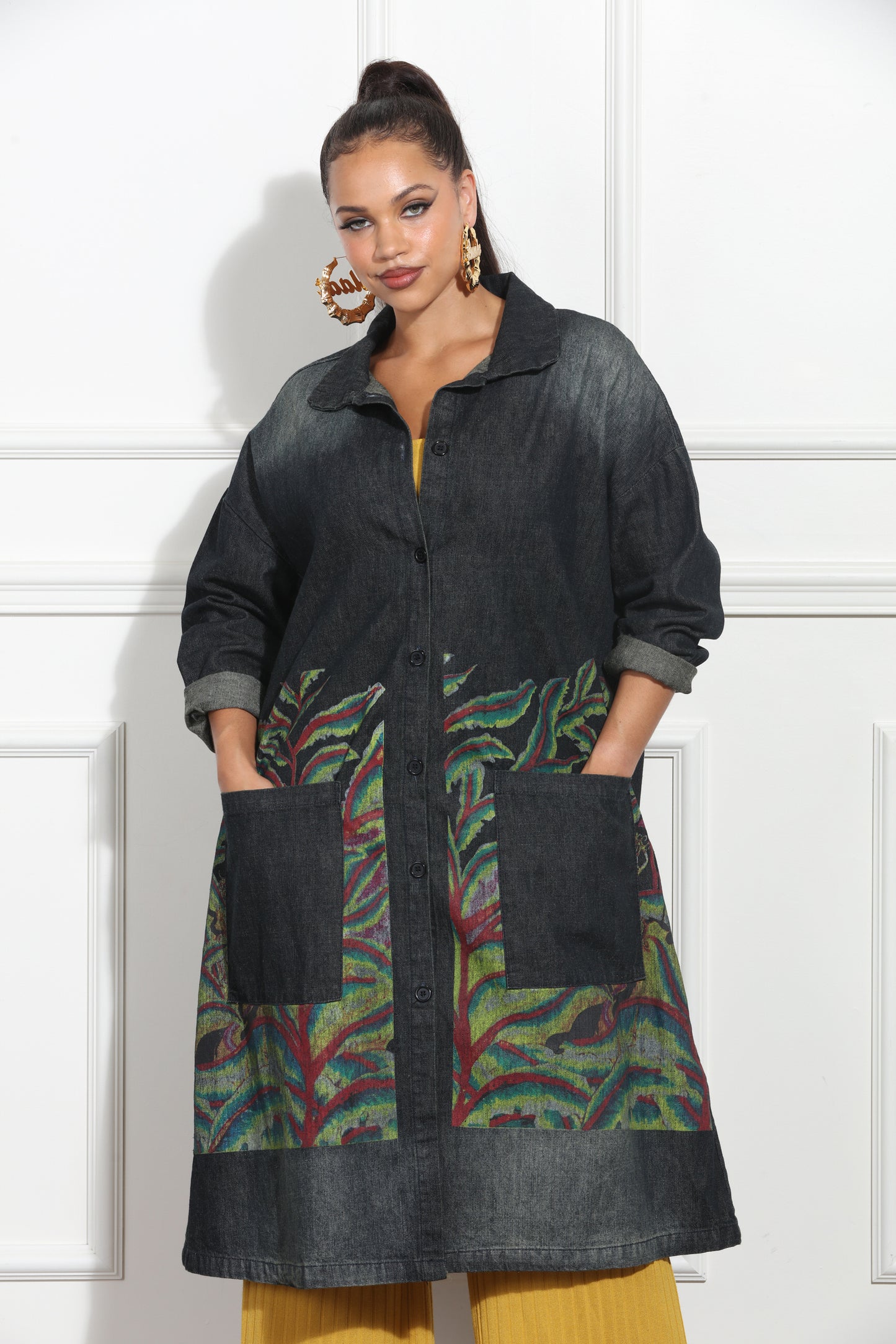 Tropical Leaf Print Oversized Denim Coat with Large Pockets