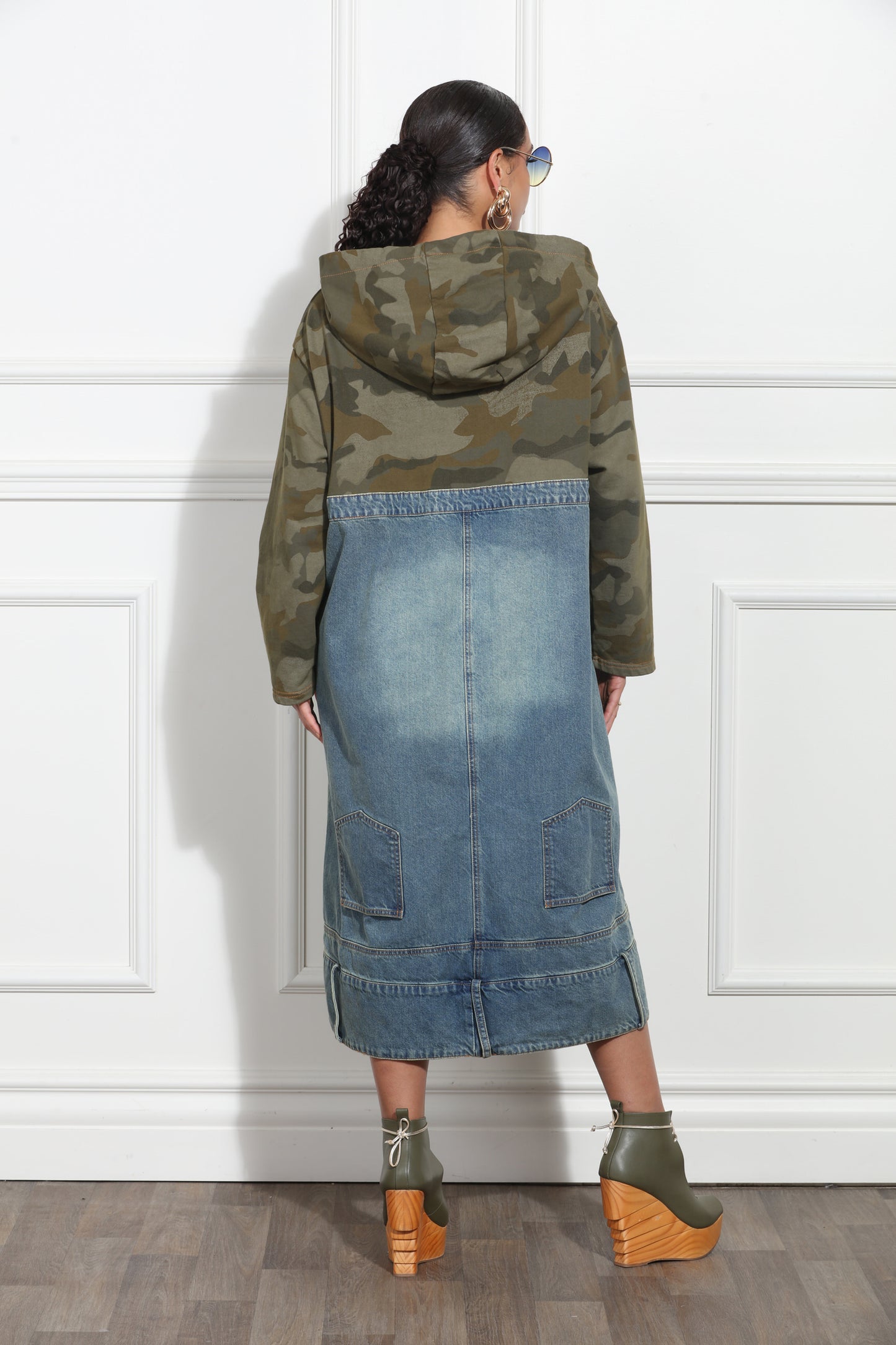 Utilitarian Camo Hooded Denim Dress