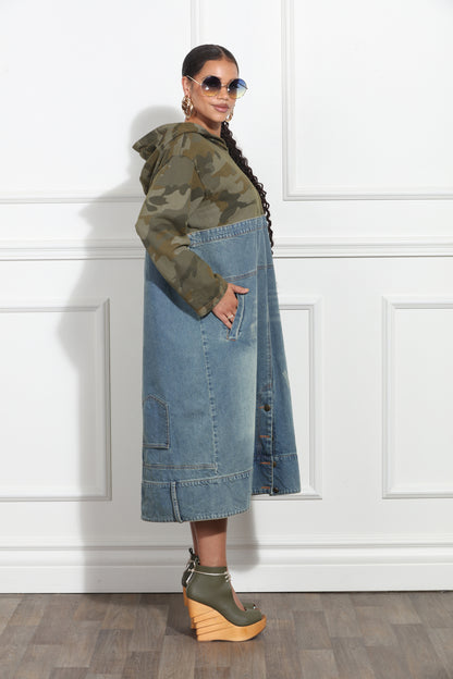 Utilitarian Camo Hooded Denim Dress