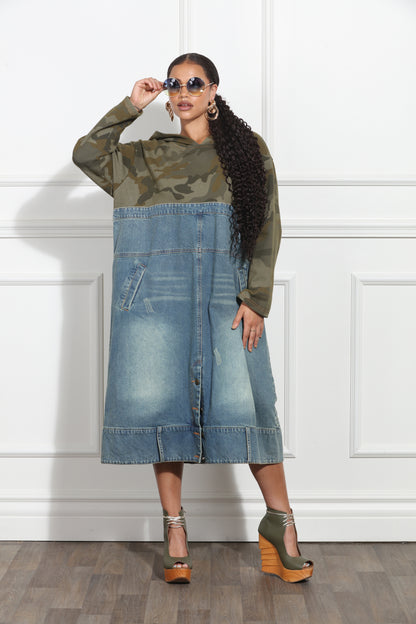 Utilitarian Camo Hooded Denim Dress