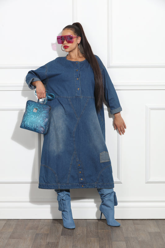 Boxy Roll Sleeves Oversized Denim Dress