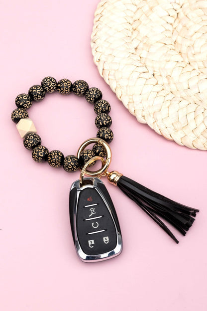 Leopard Wood Beaded Bracelet Key Ring Aili's Corner