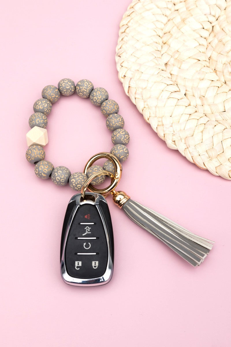 Leopard Wood Beaded Bracelet Key Ring Aili's Corner