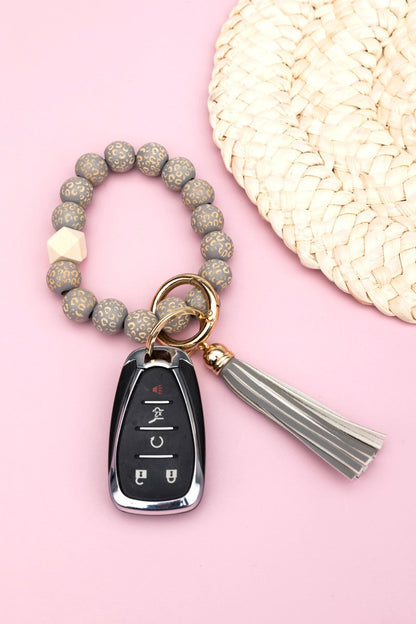 Leopard Wood Beaded Bracelet Key Ring Aili's Corner