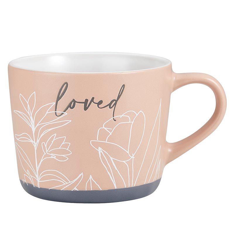 Loved Stoneware Hand Painted Cozy Mug in Peach | Coffee Tea Floral Design Cup | 15oz  DAME BOHEME