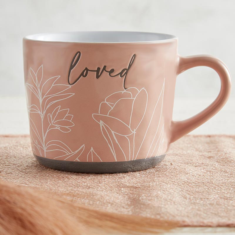 Loved Stoneware Hand Painted Cozy Mug in Peach | Coffee Tea Floral Design Cup | 15oz  DAME BOHEME